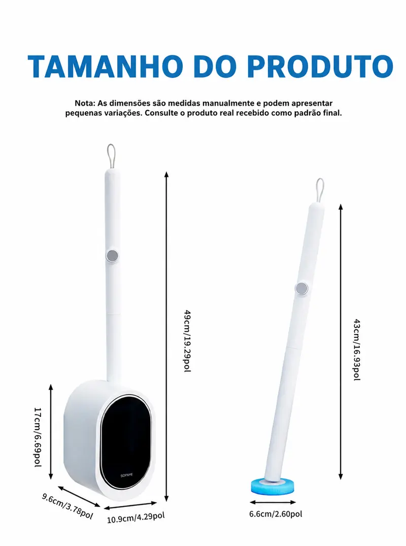 Tamanho do produto: suporte 17 x 9,6 x 10,9 cm, cabo 43 a 49 cm, cabeça 6,6 cm