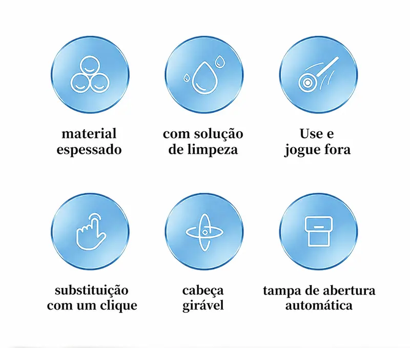 Benefícios: material espessado, solução de limpeza, use e jogue fora, substituição com um clique, cabeça giratória e tampa automática